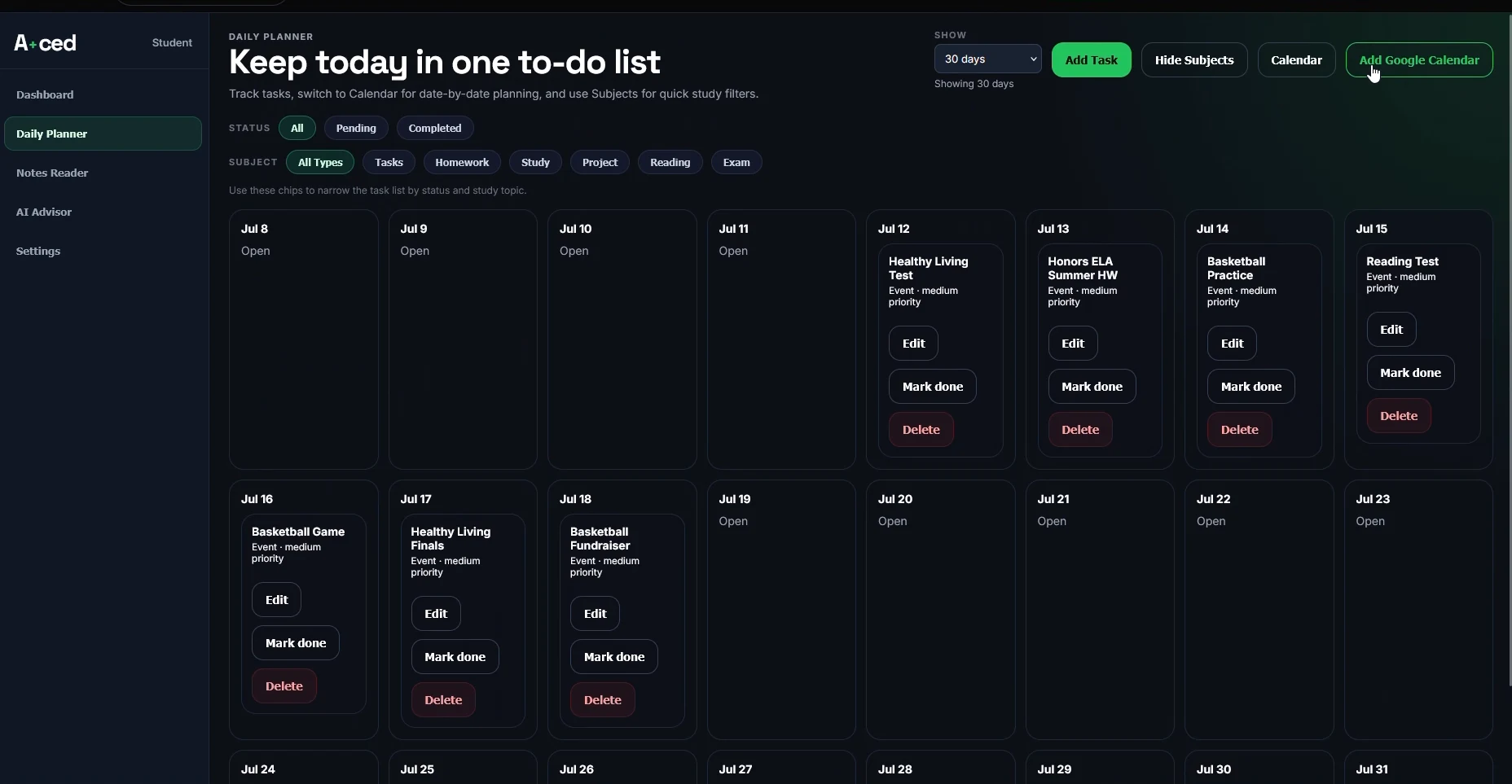 Aced's daily planner board, with the day's classes and assignments laid out in columns.