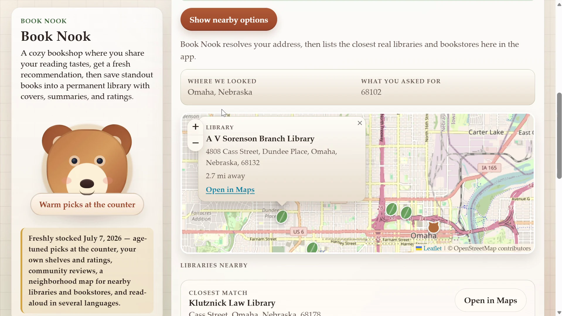 Book Nook: Nearby libraries and bookstores on a live map