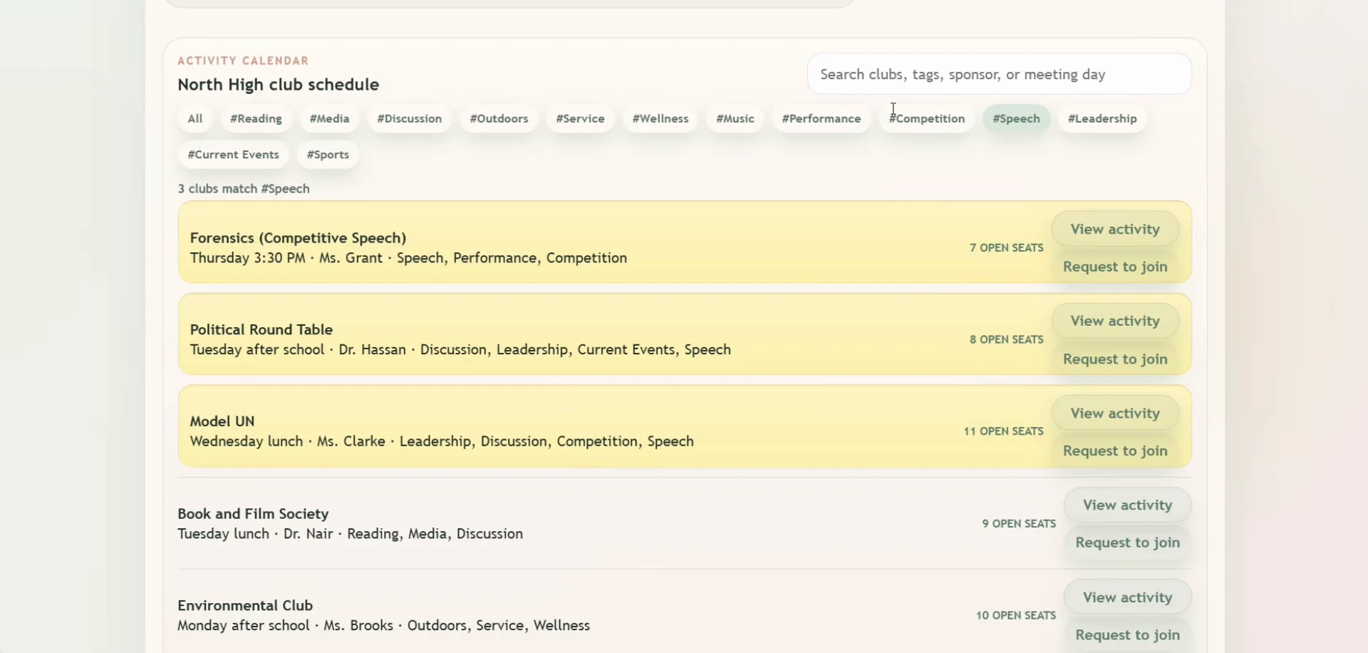 Club Connected's activity calendar, filtered to a single school's club meetings.