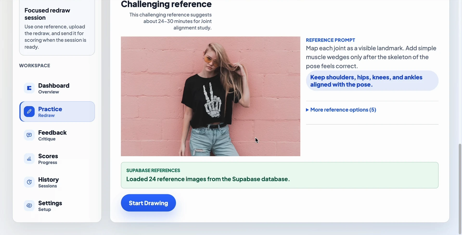 Drawing Scope showing a figure-drawing reference photo alongside the practice challenge.