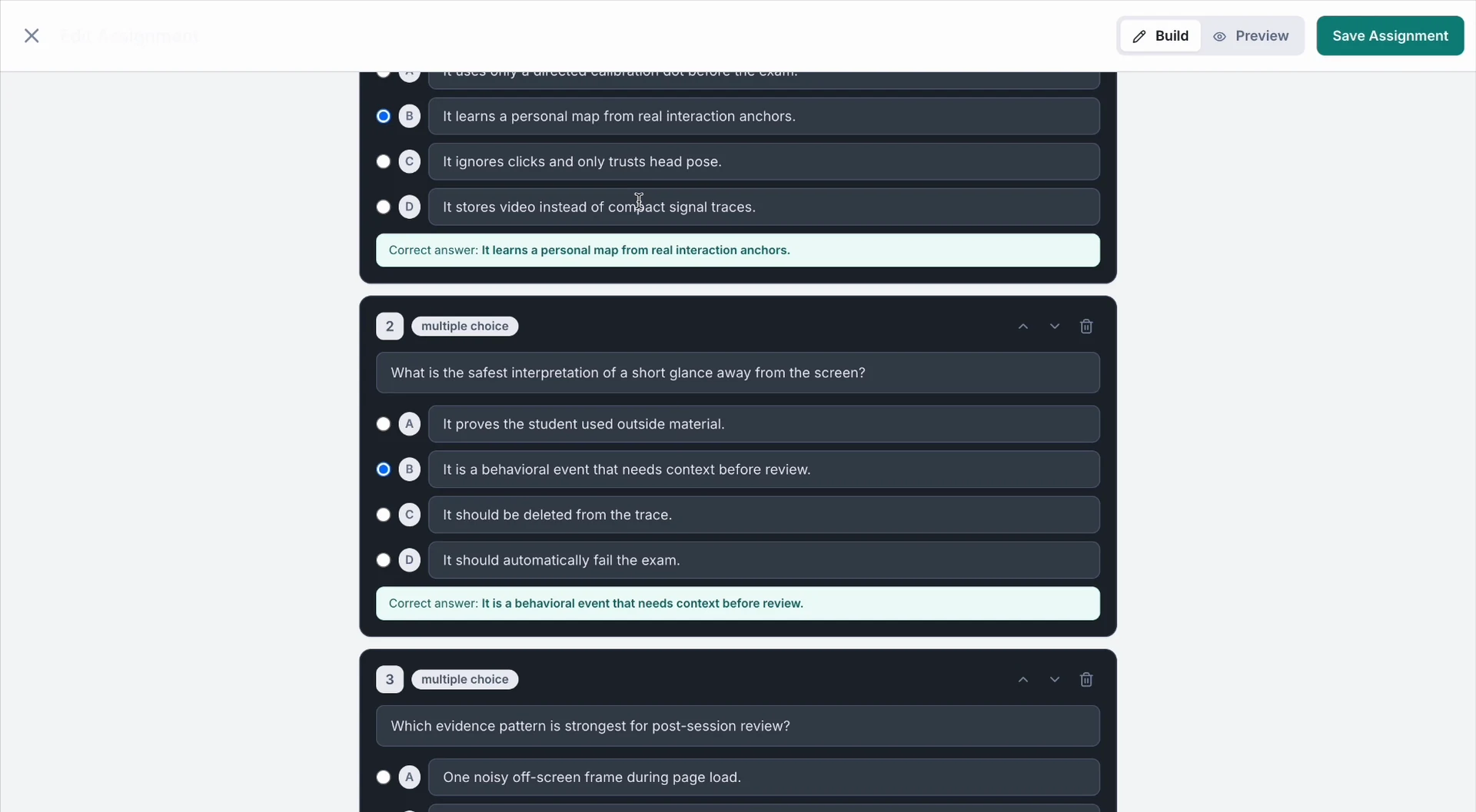 Proktor's assignment builder, where an instructor configures an exam and its session code.