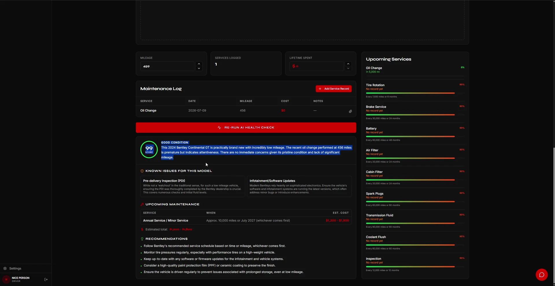 RevOS's vehicle health analysis, scoring a used car against recall and safety data.