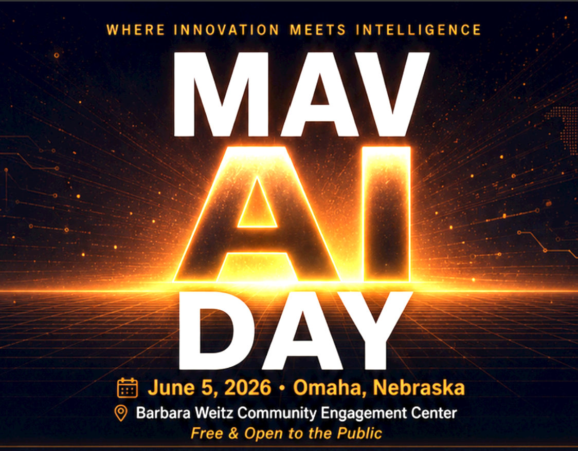 MAV AI Day event poster with bold gold letters on a black background showing the event date June 5, 2026 in Omaha, Nebraska.